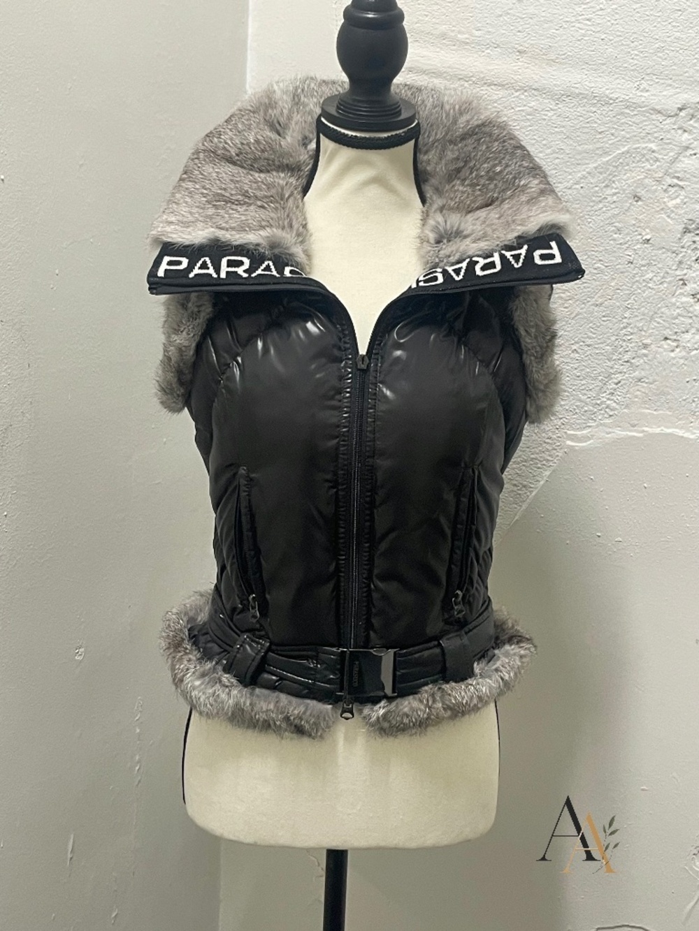 VTG Parasuco Cyber Y2K Down Puffer Vest Real Rabbit Fur Trim Black XS